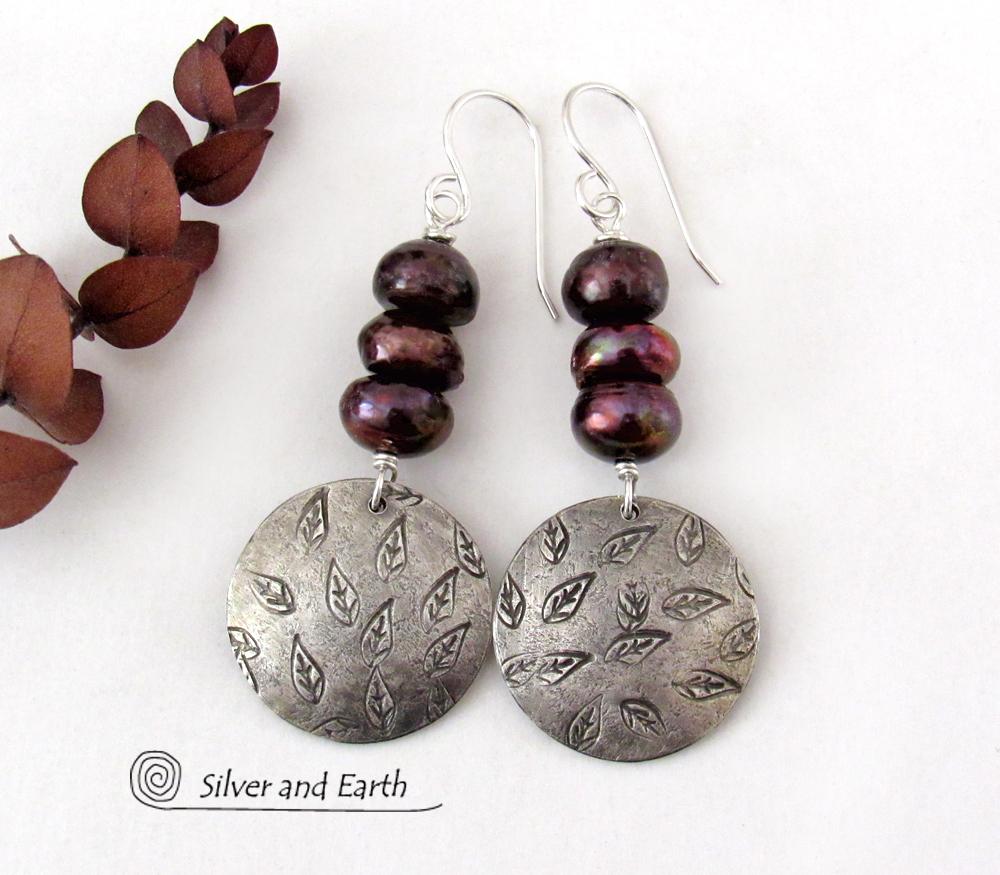 Sterling Silver Earrings with Hand Stamped Leaves & Bronze fashion Freshwater Pearls, Earthy Modern Nature Jewelry Gifts for Women, Fall Jewelry